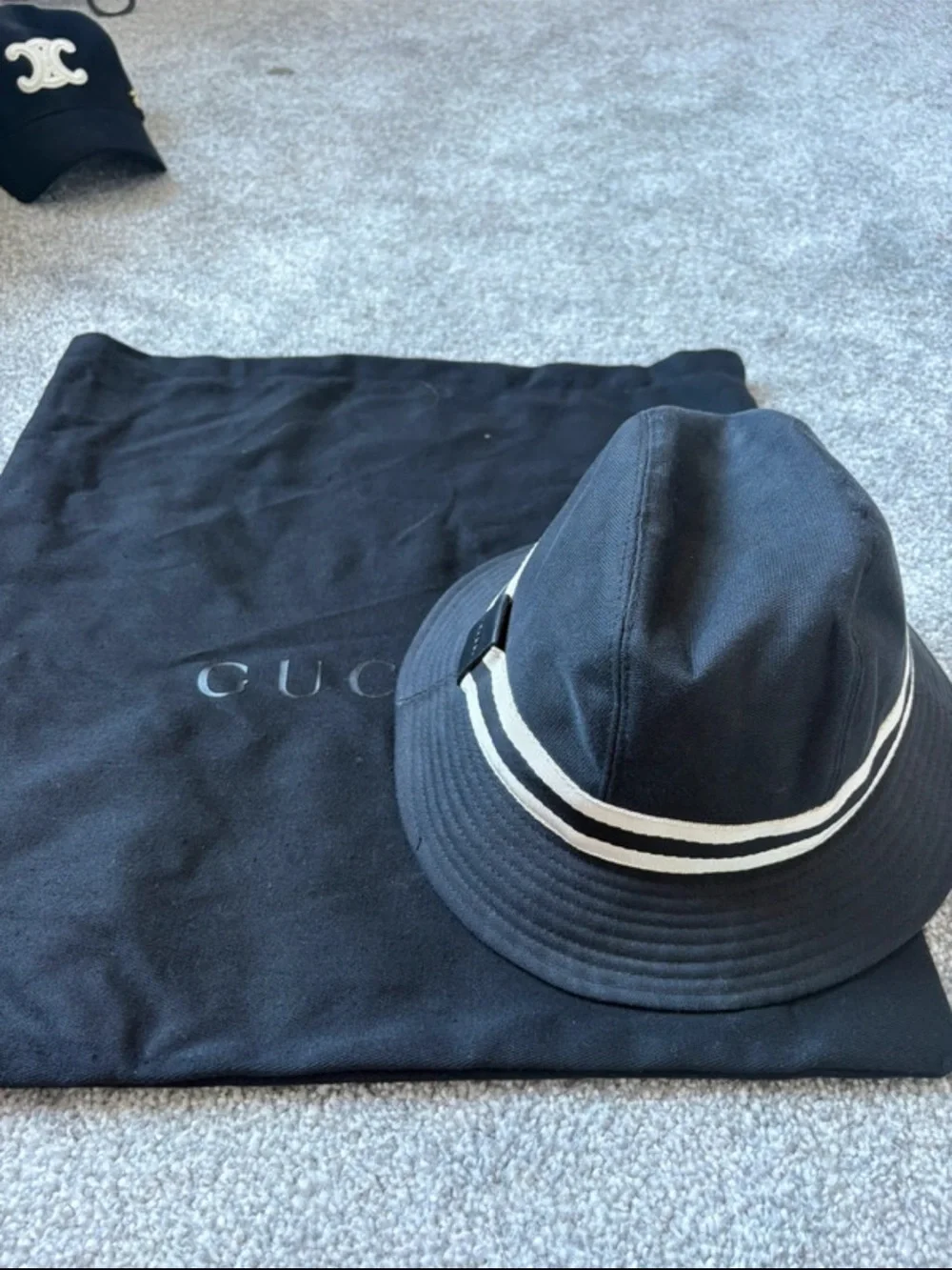 Gucci Black Bucket Hat with White Stripe Band